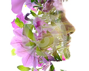 A gentle and floral double exposure male profile portrait