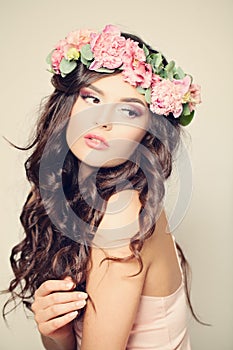 Gentle Floral Portrait of Woman Fashion Model. Curly Hair