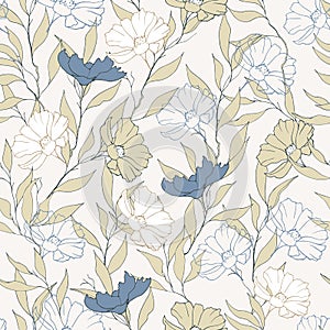 Gentle floral seamless print for fabric. Blue and beige flowers on a white background. Vintage style