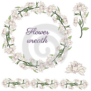 Gentle floral wreath of magnolia on a white background, flower brush. Vector hand-drawn spring illustration