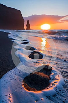 Gentle footprints in the sand leading towards the ocean