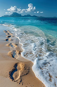 Gentle footprints in the sand leading towards the ocean