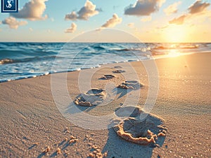 Gentle footprints in the sand leading towards the ocean