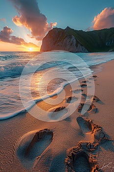 Gentle footprints in the sand leading towards the ocean