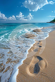 Gentle footprints in the sand leading towards the ocean