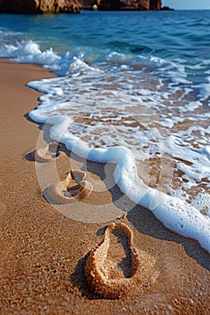 Gentle footprints in the sand leading towards the ocean photo