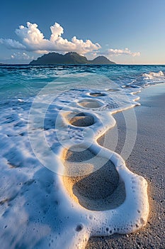 Gentle footprints in the sand leading towards the ocean photo