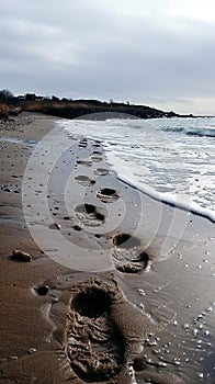 Gentle footprints in the sand leading towards the ocean photo