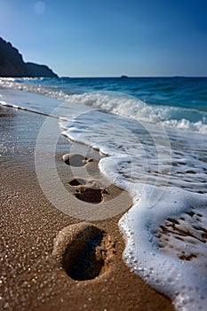 Gentle footprints in the sand leading towards the ocean photo