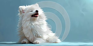 Gentle gaze, the spitz stands amidst a blue dreamscape, exuding peace and elegance