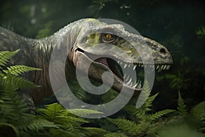 A gentle Hadrosaurus munching on vegetation with its beaklike jaws.. AI generation photo