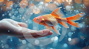 A gentle hand reaching for a goldfish in an aquarium