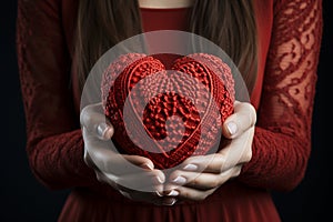 Gentle hands clutch a red heart, expressing caring sentiments and heartfelt emotion photo