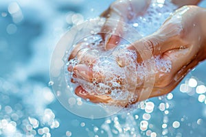 Gentle hands cupping water and creating bubbles