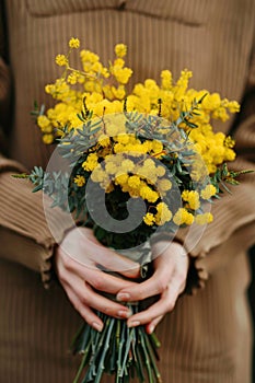 Gentle hands envelop a bright bouquet of mimosa flowers