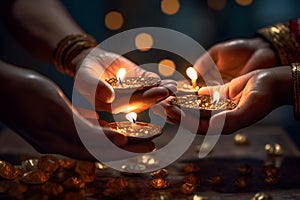 Gentle hands holding the Diwali diyas, symbolizing the triumph of light over darkness