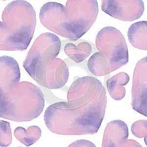 Gentle hearts background. Pink and violet watercolor hearts on white backdrop. Seamless pattern