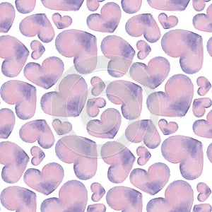 Gentle hearts background. Pink and violet watercolor hearts on white backdrop. Seamless pattern