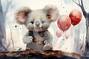 The gentle hues of watercolor bring to life cute koalas, nestled amidst vibrant hearts and balloons.
