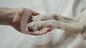 Gentle human hand holding a dog& x27;s paw, a moment of friendship and trust. close-up, emotive pet care image. white