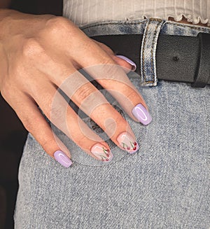 Gentle light purple manicure. Purple french design on square nails with cherry twig design.