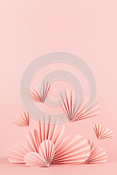 Gentle love Valentines day stage mockup - pink ribbed paper hearts fly as border on light pink, copy space, vertical. Romance.