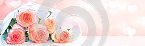 Gentle pale pink roses bouquet banner on pink background with hearts bokeh lights. Copy space.