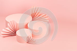Gentle pastel pink abstract stage mockup with group of three round podiums, fly paper hearts of fans in chinese style, copy space.