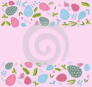 Gentle pink easter background with eggs and spring flowers
