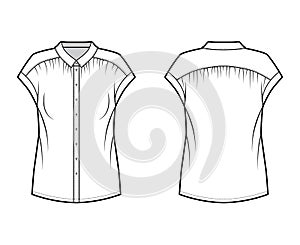 Gentle pleats shirt technical fashion illustration with loose silhouette, regular colar with stand, sleeveless. photo
