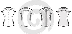 Gentle pleats shirt technical fashion illustration with loose silhouette, regular colar with stand, sleeveless. photo