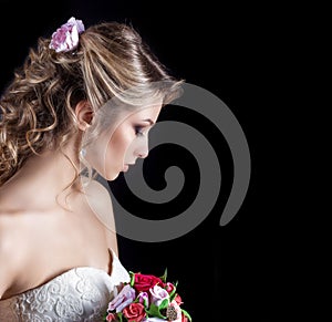 Gentle portrait of happy smiling beautiful girls in white wedding dress