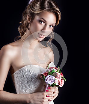 Gentle portrait of happy smiling beautiful girls in white wedding dress