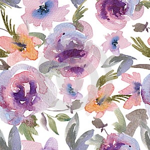 Gentle Purple Watercolor Roses Floral Seamless Pattern