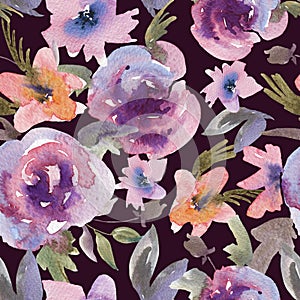 Gentle Purple Watercolor Roses Floral Seamless Pattern