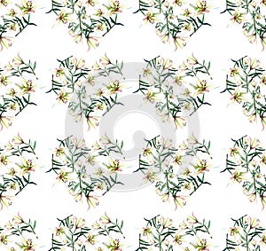 Gentle refined beautiful spring pattern of white beige powdery hearts lilies on white background