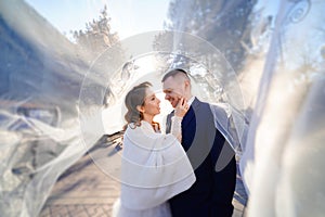 gentle and romantic bride and groom under the veil.