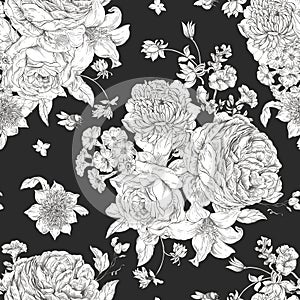 Gentle roses vintage floral seamless pattern. Botanical flowers, Regency texture