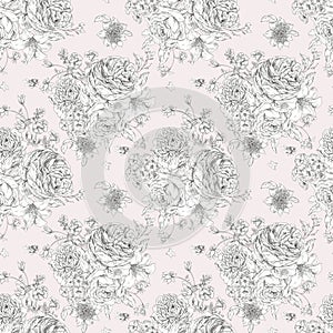 Gentle roses vintage floral seamless pattern. Botanical flowers, Regency texture