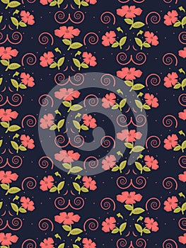 Gentle seamless cute pattern of flowers in trendy coral color on the navy background