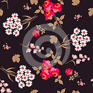 Gentle seamless floral pattern with bouquets of white daisies and red roses, bell flowers and leaves of viburnum. Vector
