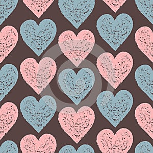 Gentle Seamless Pattern of Hand-Drawn Pink and Blue Hearts on Brown Background. Style of Children\'s Drawing