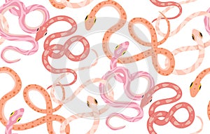 Gentle seamless vector pattern with pink and yellow snakes. Texture with cartoon serpents in pastel colors on white background.