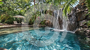 With the gentle sound of a nearby waterfall this serene pool is the ultimate escape for a restful nights sleep. 2d flat photo