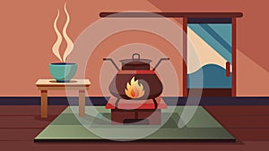 The gentle sound of water boiling on a traditional stove creating a soothing atmosphere for the tea ceremony.. Vector