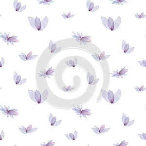 Gentle spring background, violet flowers pattern. Watercolor violet flowers, hand-drawn, isolated on white background
