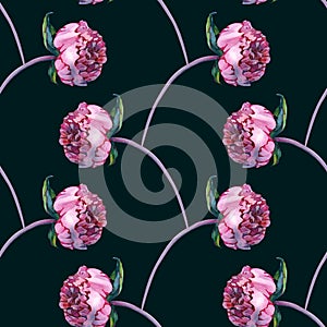 Gentle Summer Floral Seamless Pattern with Burgundy Peonies Flowers in Vintage Style, Botanical Greeting Card