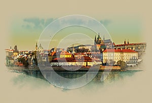 Gentle summer sunrise over the old town on the Vltava river in Prague, Czech Republic. Watercolor sketch.