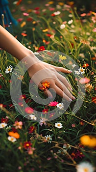 Gentle Touch Amidst Vibrant Wildflowers. Generative ai