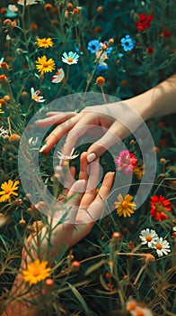 Gentle Touch Amidst Vibrant Wildflowers. Generative ai